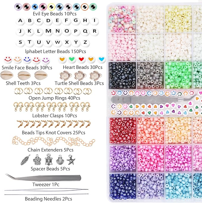 EuTengHao 6/0 Glass Seed Beads Small Craft Beads for DIY Bracelet Necklaces Crafting Jewelry Making Supplies with Jewelry Accessories & Two 0.8mm Clear Bracelet String (4mm, 24 Colors)
