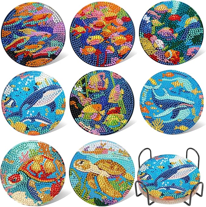 EWJRNSF 8 PCS Small Diamond Art Coasters Kits, Diamond Painting Coasters, Fall Diamond Art Kits for Adults Beginners, Arts and Crafts Item Sets with Holder for Drinks Ocean Style
