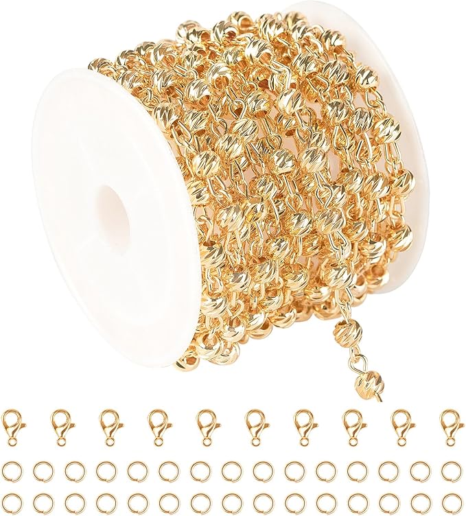 KYUNHOO Gold Plated Brass Chain Bulk on Spool 3 Meters Sparkle Faceted Beaded Rosary Chains for Necklace Bracelet Making DIY Handcraft Finding Supplies with Lobster Clasps and Jump Rings