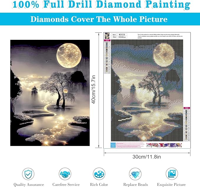 mrpwnle Diamond Painting Kits for Adults Beginners,Moon Diamond Art Kits for Adults,5D Moonlight Landscape Diamond Painting Kits DIY Diamond Art Dots Crafts Kits,Home Wall Decor Gifts 12x16in