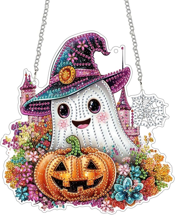 SKRYUIE Halloween Hanging Diamond Art Kits for Adults Pendant Suncatcher, Special Shaped Crystal DIY Pearl Diamond Painting Kit, Gift for Mother Spring Summer Window Wreath Decor 7.88 x 7.48 Inch D11