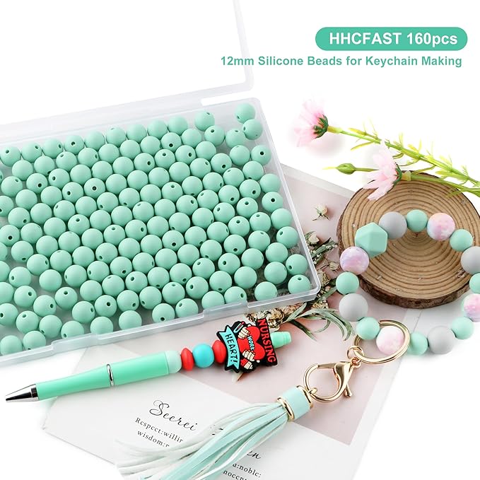 160Pcs 12mm Silicone Beads for Keychain Making Bracelet Necklace, Bulk Round Silicone Beads for Pens（Mint Green）