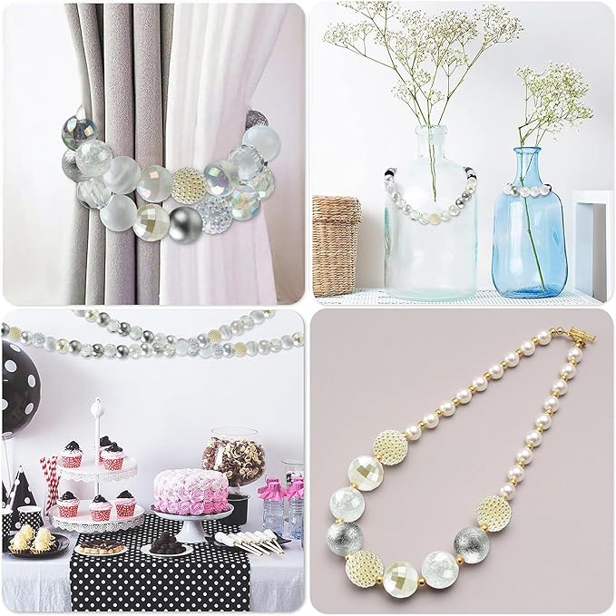 Ipotkitt 50 Pcs 20mm Acrylic Bubblegum Beads Round Spacer Loose Beads White Theme Disco Ball Chunky Rhinestone Beads for Pen Bag Chain Jewelry Making