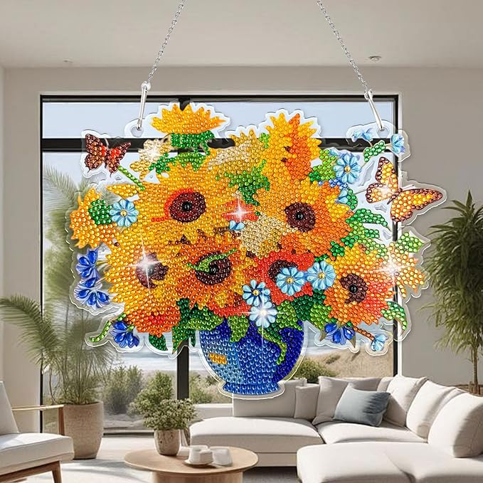 LINFANG Diamond Art Hanging Kit for Adult, Diamond Painting Ornament Kit, Special Shaped Rhinestone,DIY Acrylic 5D Art Window Pendants Home Garden Wall Hanging Kits,Double Sided (Sunflower)