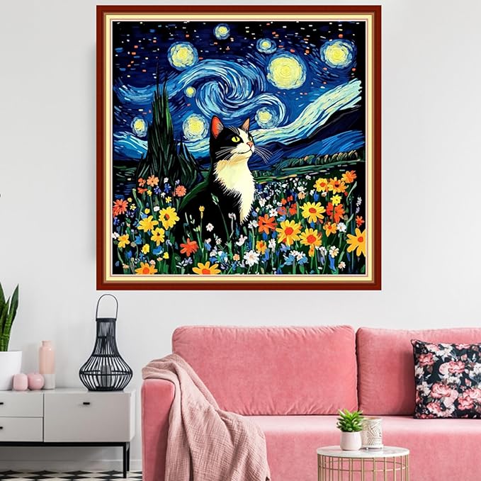 Redxing Stamped Cross Stitch Kits Embroidery kit for Beginners Adults Full Range of Embroidery Patterns Starter Kits DIY Printed Cross Stitch Kits Needlepoint Kits 11CT-Van Gogh Starry Cat 18x18 inchs