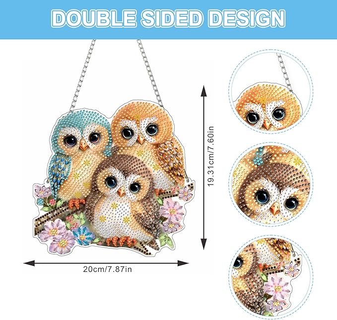 Lxmsja DIY 3 Cute Owls Diamond Painting Hanging Ornament, Double-Sided Acrylic Pink Flowers Diamond Art Kit, Special Shaped Suncatcher Hanging Pendant Window Art Kit 8x8 inch