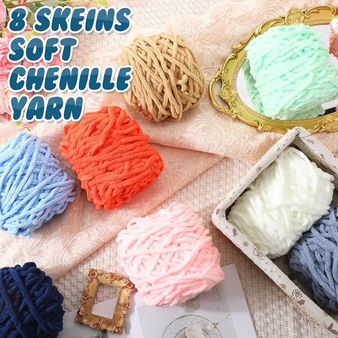 Buryeah 8 Pack Chunky Chenille Yarn for Crocheting Soft Thick Fluffy Yarn for Hand Knitting Bulky Velvet Blanket Plush for Weaving DIY Crafts Each 3.5 oz 55 Yards(Multicolor)