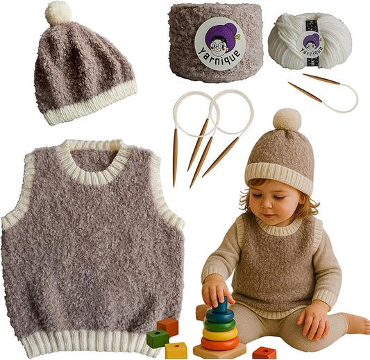 yarnique learn to knit kit for beginners - complete baby knitting kit with italian boucle & merino wool - beginner knitting kit for adults moms - diy baby vest & hat starter set with video tutorials