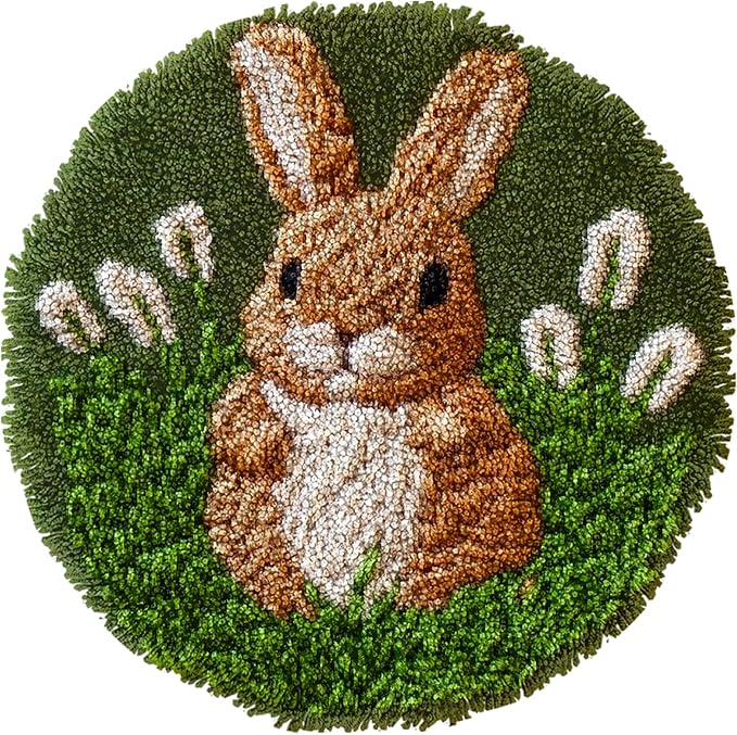 Latch Hook Rug Kit Brown Rabbit in Grass Easy for Beginners Round Shape Carpet Crochet Yarn Craft Mini Rug DIY Hook and Latch Little Tapestry for Home Decor 30x30cm