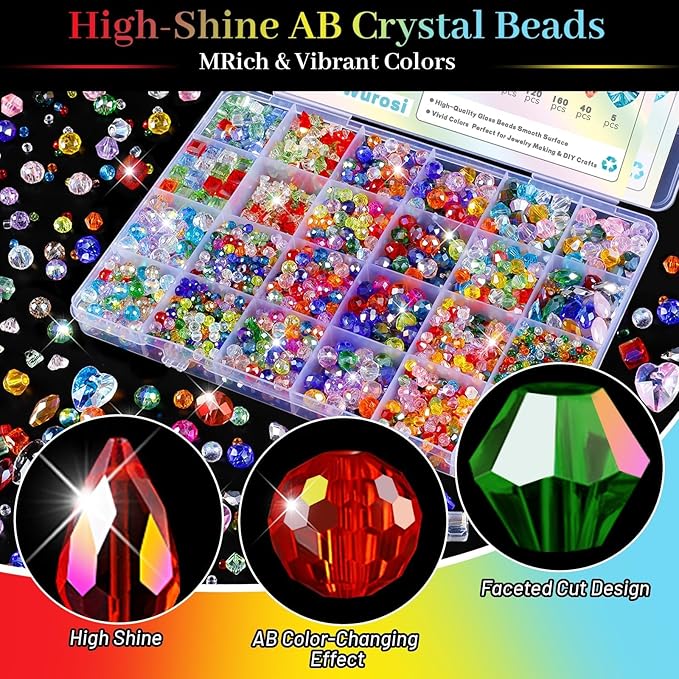 2215 Pcs Glass Beads for Jewelry Making –High Shine, Faceted Cut Crystal Rainbow Beads, DIY Bracelet Necklace Earring Craft Kit and Lamp Decor with Organizer Box for Valentine's Day, Colorful