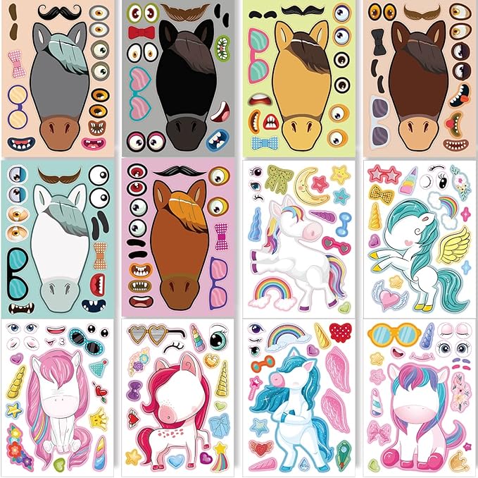 24 sheets 8.27''×5.9'' make your own stickers for kids toddlers, make a face stickers mix and match with unicorns dinosaur horse and sea animals for kids party favors activities