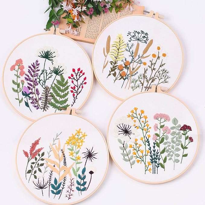 harimau 4pcs beginner embroidery kit,flower pattern,cross stitch kits, including stamped embroidery cloth with 2 embroidery hoops, multicolor color threads for embroidery kit