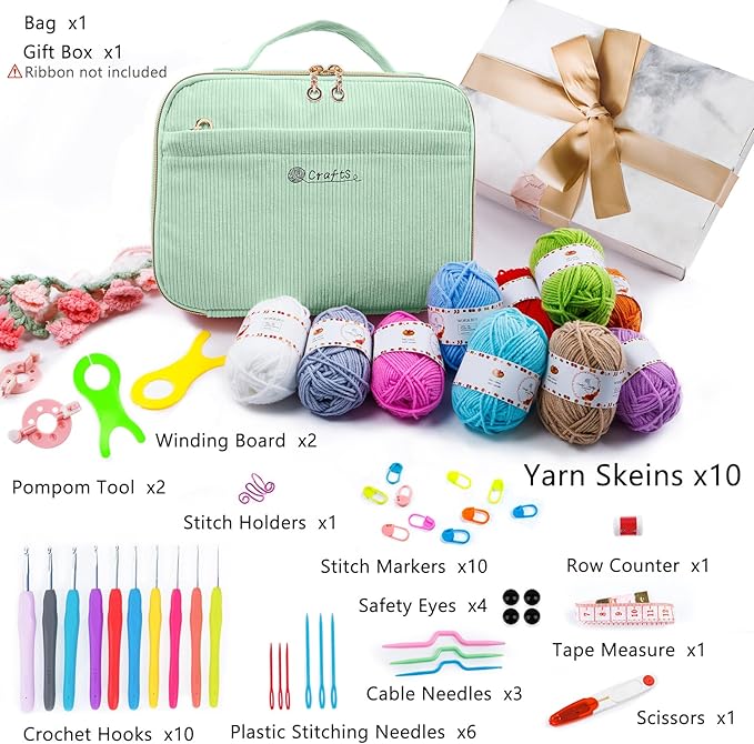 MYBAGZING Crochet Kit for Beginners with Yarn Storage Bag, 10pcs Crochet Hooks 2.0-6.0 mm, 10 Skeins Yarn for Crocheting, Knitting Accessories, 58pc Crochet Starter Kit for Adults