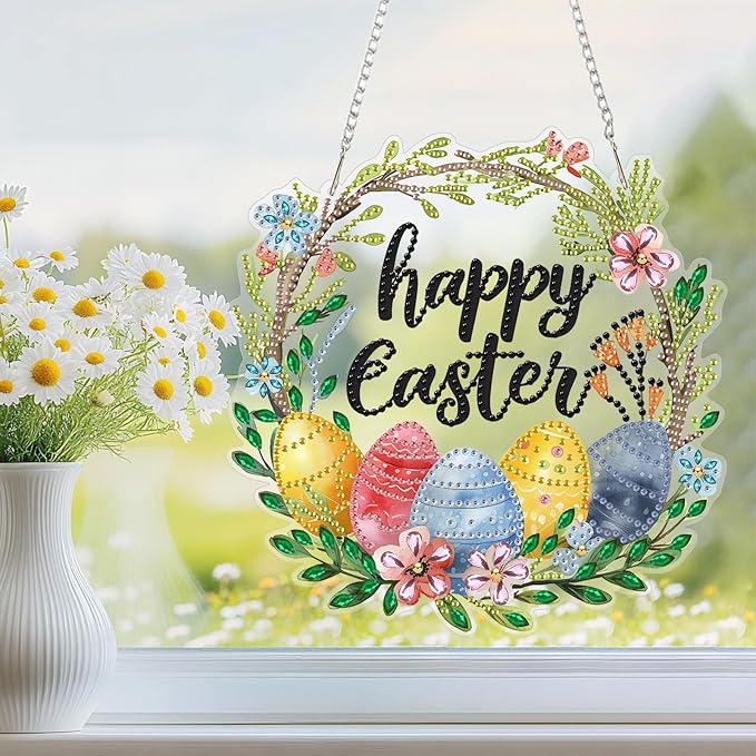 NEWENMO Happy Easter Day DIY Hanging Diamond Art Pendant Kit, Special Crystal Diamond Painting Ornament Kit for Adults Beginners, Double Sided Acrylic Board Gem Painting Box Kits, Colored Easter Eggs