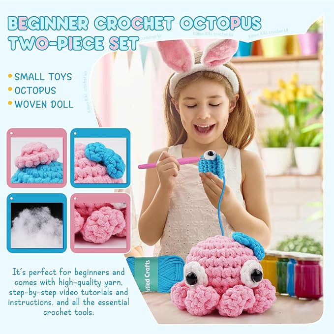 Vanttokeey Crochet Kit for Beginners, Animal Amigurumi Crochet Kits Included, Step-by-Step Video Tutorials, Beginner Crochet Kit for Adults and Kids, DIY Easy Crochet Crafts (Octopus)