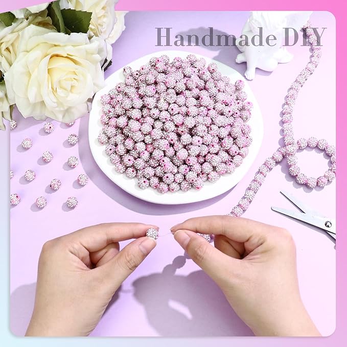 Dowarm 255PCS 10mm Rhinestone Beads, Pink Rhinestone Clay Beads for Baseball Necklace Bracelet Jewelry Making Crafts Beaded Pen, Round Polymer Clay Shamballa Pave Disco Diamond Bead
