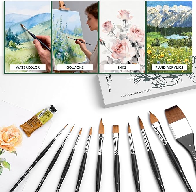 Fuumuui Watercolor Paint Brushes, Professional 10Pcs Synthetic Sable Water Color Brushes for Adult with Wide Flat, Round, Dagger, Cat's Tongue, Liner for Watercolor Gouache Inks Painting