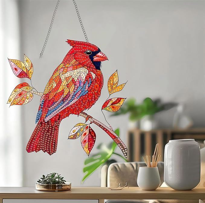 Bimkole Red Bird Diamond Art Hanging Kit for Adult, DIY 5D Animals Diamond Art Painting Window Pendant, Acrylic Crystal Art Hanging Ornament for Wall Home Garden Front Door Decor - 7.8x7.8 Inch