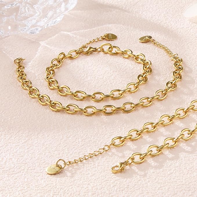 10 PCS 6.7 Inches Charm Bracelet Chains for Jewelry Making Gold Plated Stainless Steel Chain Link Bracelets Set with Lobster Clasps Adjustable Extender
