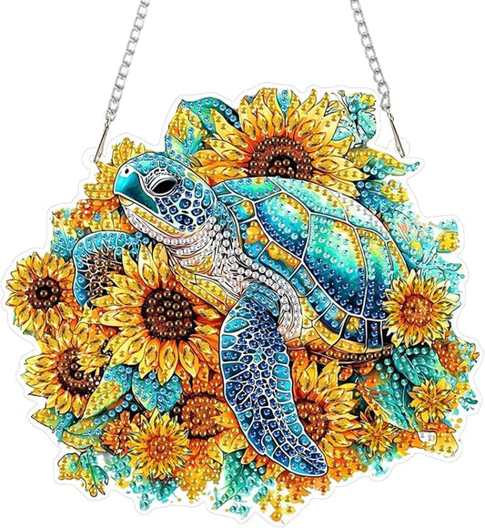 SENQAO Turtle Diamond Art Hanging Kit for Adult, Special Shaped Rhinestone, Double Sided DIY Acrylic Diamond Art Painting Window Pendants Home Garden Wall Hanging Kits Hanging Ornament (Sunflower)