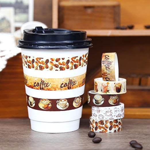 12 Rolls Washi Tape Set,6 Design Coffee Themed Decorative Tape Vintage Watercolor Brown Cafe Masking Tape for Journaling Supplies, Junk Journal, Scrapbooking, DIY Arts & Crafts, Gift Wrapping