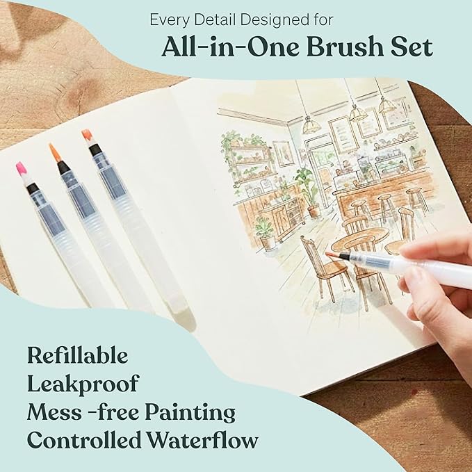 Original Tobios Watercolor Brush Pens Set – 4 Refillable Water Pens for Artists, Adults & Beginners, Leakproof Brush Tips for Blending, Calligraphy & Adult Coloring, Portable Paint Brush Set, Art Gift