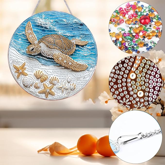 Bimkole Turtle Diamond Art Hanging Kit for Adult, DIY 5D Diamond Art Butterflies Window Pendant, Acrylic Crystal Art Hanging Ornament Home Wall Garden Front Door Sign Outdoor Decor 7.8x7.8 Inch