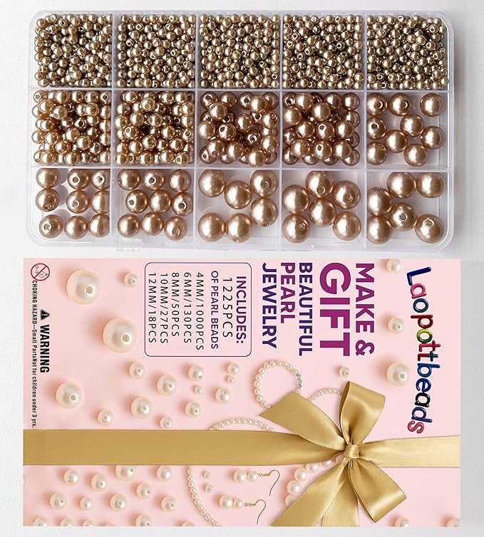 Laopottbeads 1225 Pcs Light Brown 5 Size Pearl Beads for Jewelry Making Round Pearl DIY Kit for Bracelets, Earrings, Necklaces & Anklets