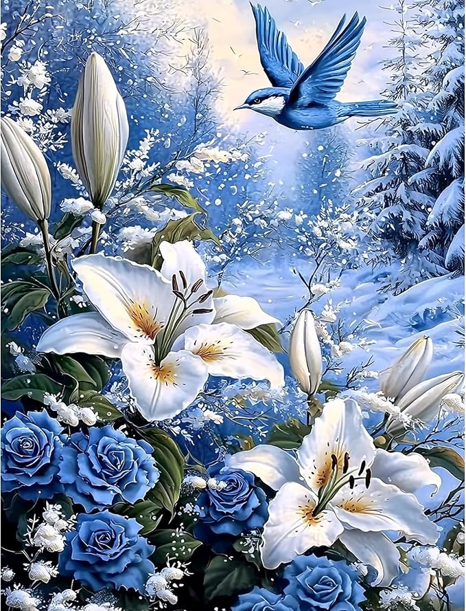 QENSPE Diamond Painting Art Kits, DIY Blue Bird Diamond Art for Adults, 5D Flower Full Drill Painting for Beginner, Round Diamond Dots Paintings Gem Art Crafts Home Wall Decor Gifts 30x40cm