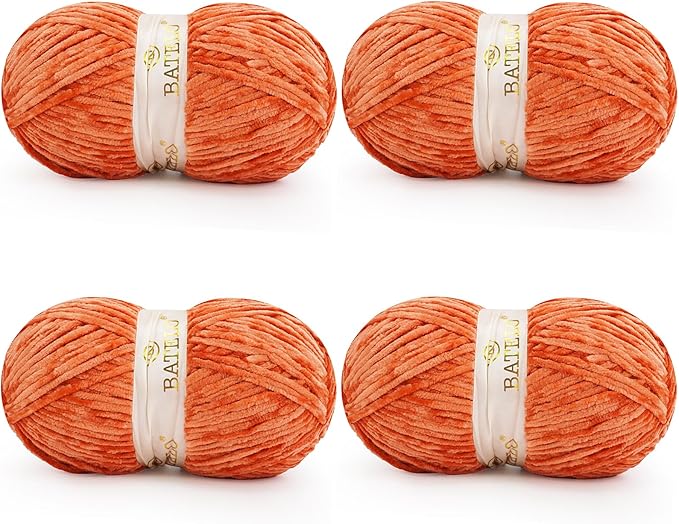 Velvet Chenille Yarn for Crocheting & Knitting 1440 Yards, Soft Thick Fluffy Bulky Blanket Yarn, 4 Pack of 10.5oz (Burnt Orange)