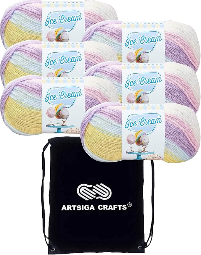 Lion Brand Ice Cream Cotton Candy 923-201 (6-Skeins - Same Dye Lot) Baby Sport #2 Acrylic Yarn for Crocheting and Knitting with Project Bag