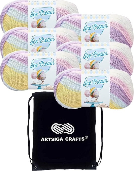 Lion Brand Ice Cream Cotton Candy 923-201 (6-Skeins - Same Dye Lot) Baby Sport #2 Acrylic Yarn for Crocheting and Knitting with Project Bag