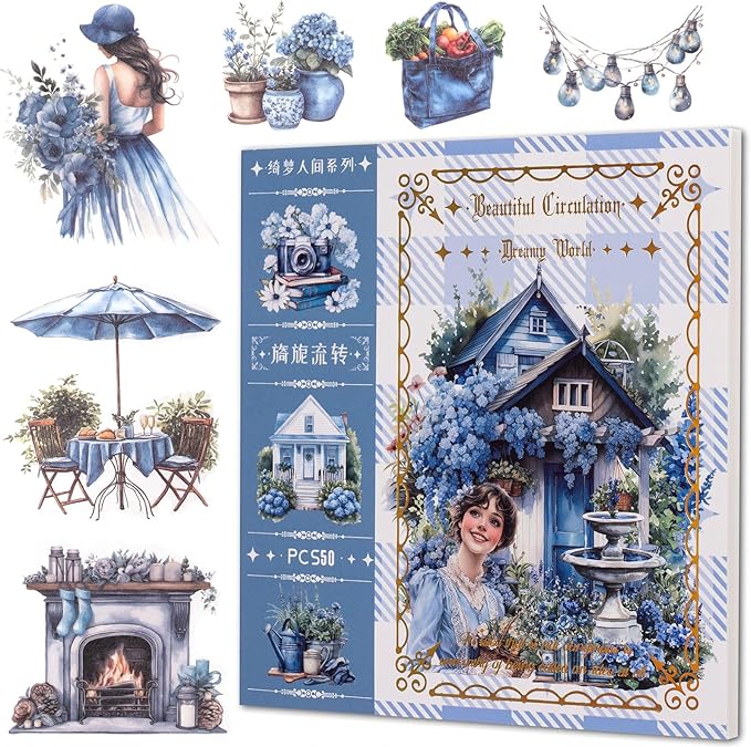 Garden Junk Journal Stickers, 50 Sheets Washi Journaling Sticker Book, Scrapbook Supplies, Watercolor Scrapbooking for Adults, Blue Decorative Ephemera Arts Craft