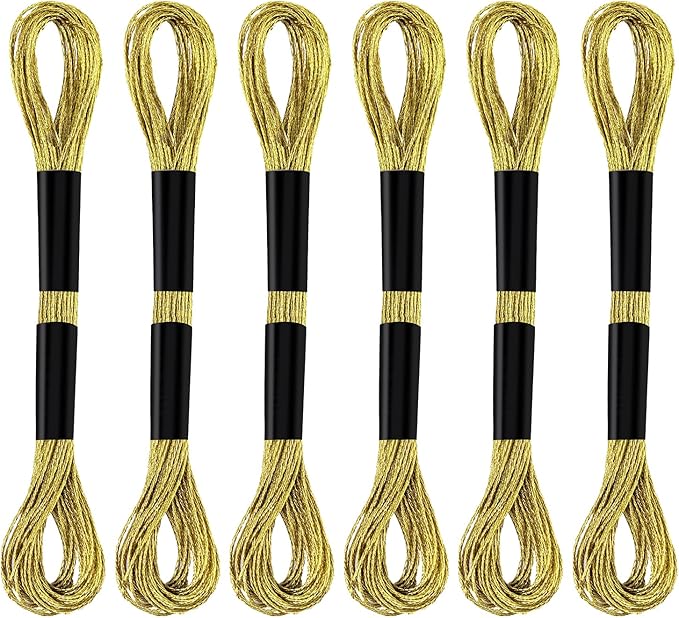 6 Skeins Embroidery Threads, Metallic Embroidery Floss Friendship Bracelet Cross Stitch Thread for Sewing Making Yarn Accessories Craft String Art Supplies (Gold)