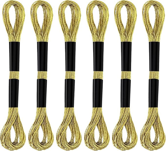 6 Skeins Embroidery Threads, Metallic Embroidery Floss Friendship Bracelet Cross Stitch Thread for Sewing Making Yarn Accessories Craft String Art Supplies (Gold)