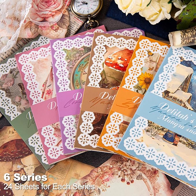 144 PCS Fantasy Scrapbook Paper Set, Vintage Journal Ephemera Pack for Scrapbooking, Journaling, DIY Crafts with Glue Tape