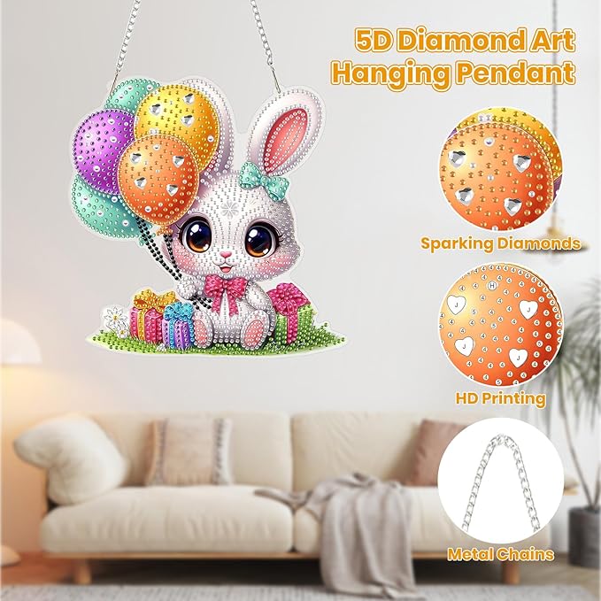 MOGTAA Easter Bunny Diamond Art Hanging Kits for Adults Beginners, Flowers Diamond Art Suncatchers, 5D Special Shape Animal Diamond Painting Window Pendant Kit for Home Garden Wall Decor