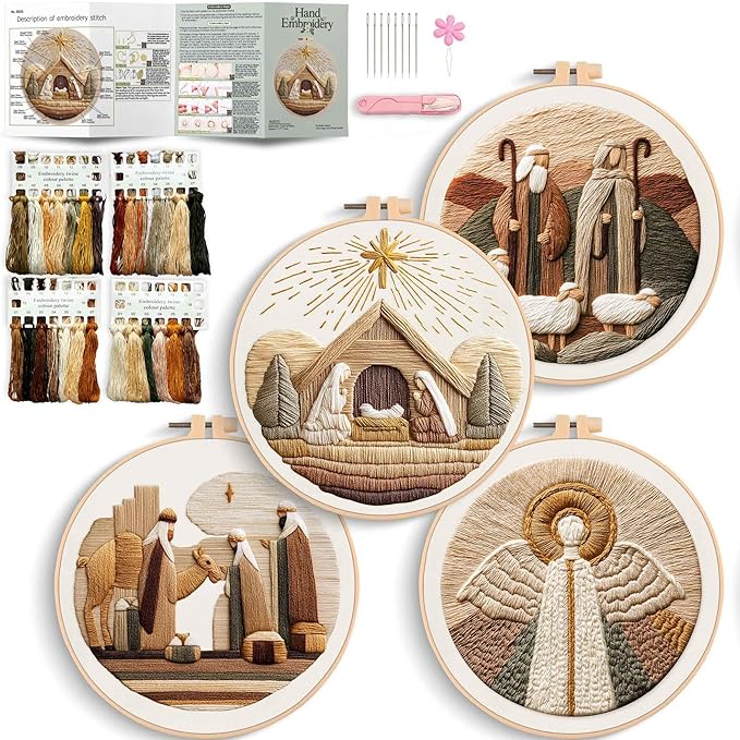 REEWISLY 4set Christmas Embroidery Kit for Adults Beginners, 4 Nativity Scenes with 2 Hoops, Counted Cross Stitch Kits with Floss & Needles, Beginner Embroidery Starter Kit for Handmade Holiday Decor