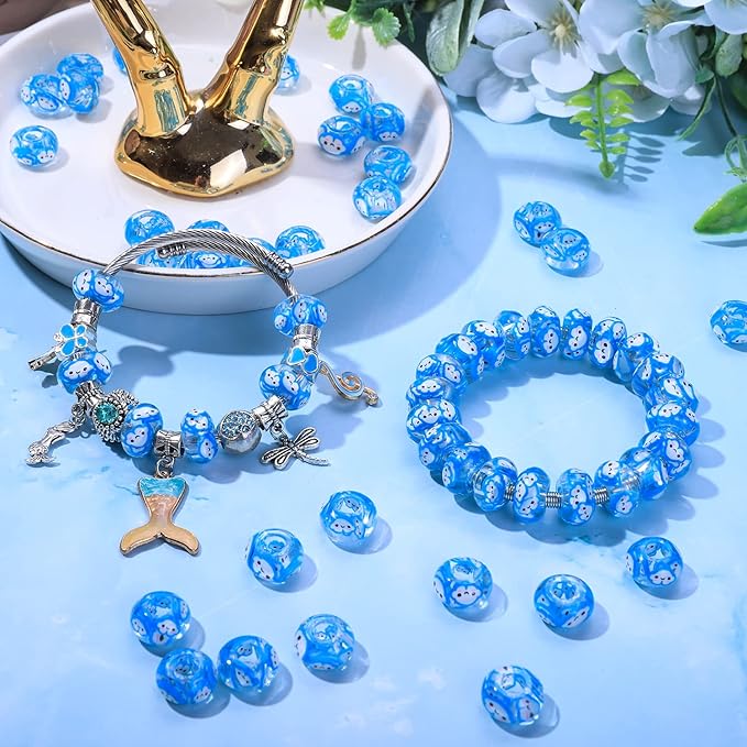 AIPRIDY Girls' Lucky Beads Lover Amber Beads, Big Hole Spacer Beads European Craft Beads for DIY Charms Bracelet Jewelry Making (Blue Smiling Face)