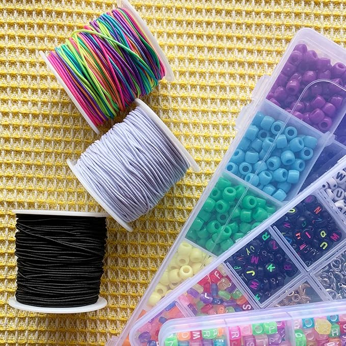 0.8mm Elastic Bracelet String, QBJAYTY Strong Elastic Cord for Bracelets, Stretchy Stretch String for Clay Pony Letter Beads, Friendship Bracelet String Elastic Black White-4 Rolls