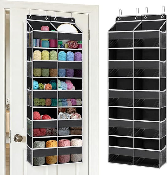 Hanging Yarn Storage Organizer, 10 Extra Large Clear Pockets Organizer with 10 Side Crochet Bag Organizer, Over the Door Yarn Storage for Crochet Hook, Knitting Needles,Black