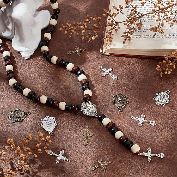 PH PandaHall 744pcs Rosary Jewelry Making Kit First Communion Necklace Natural Wood Beads Making Set Cross Centerpiece Alloy Chandelier and Beading Wires for Easter Eid Mubarak Ramadan