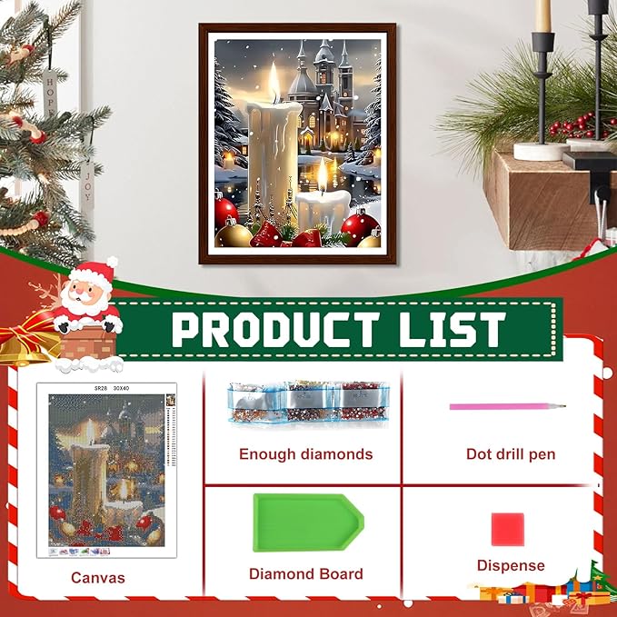 EMIEAUFG Christmas Diamond Art Kits for Adults, Christmas Candle Diamond Paiting Kit for Beginners, 5D DIY Round Full Drill Craft Diamond Dot Gem Art, Home Wall Decor 12" x 16"