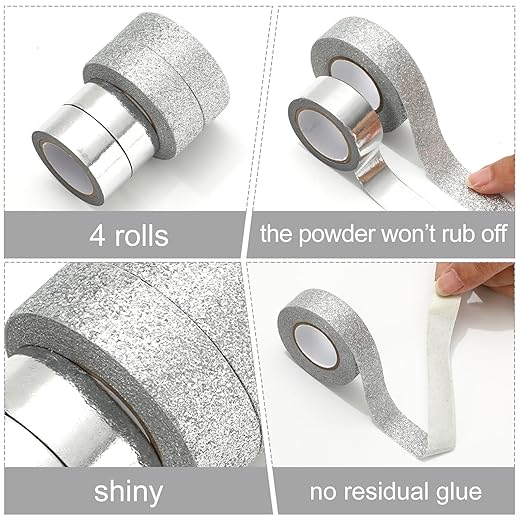 Whaline 4 Rolls Silver Metallic Glitter Washi Tape Decorative Adhesive Masking Tape for DIY Crafts Scrapbook Journal Planner Gift Wrapping Supplies, 65.6 Ft