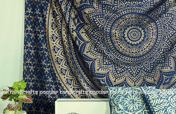 popular handicrafts tapestry wall hanging hippie ombre mandala bohemian hippy psychedelic design indian tapestries bedspread 30 x 40 inches (76 x 101 cms), blue gold