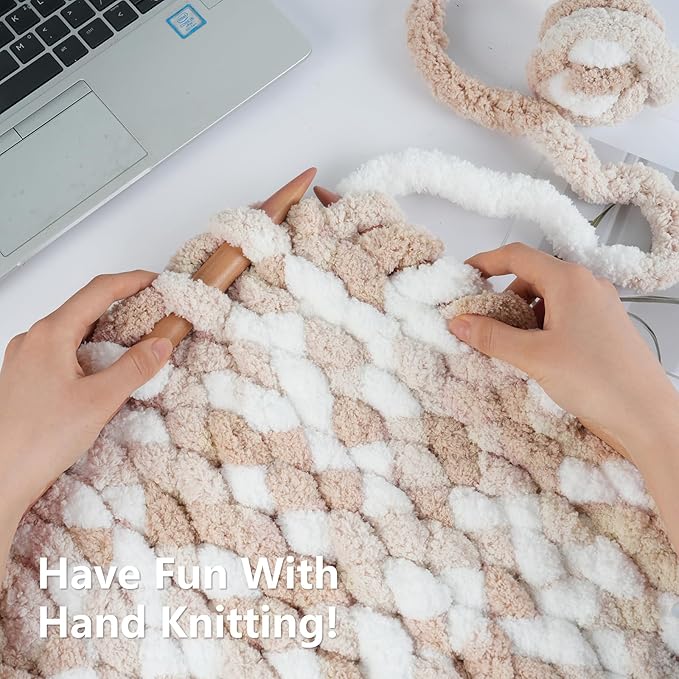 Chunky Yarn for Hand Knitting - #10 Chunky Chenille Blanket Yarn, Jumbo Big Thick Chunky Yarns for Crocheting, Tie Dye Bulky Knit Yarns, 8 Skein (25 yds 8 oz Each Skein), White & Khaki & Beige
