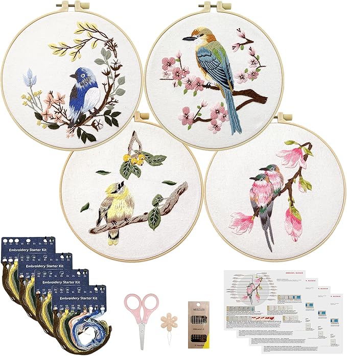Phylisn 4 Sets Embroidery Kit for Beginners Adults,Needlepoint Starter DIY Kits with Patterns,Hoop,Color Threads,Tools,Easy Learn to Embroider with Instruction & Video