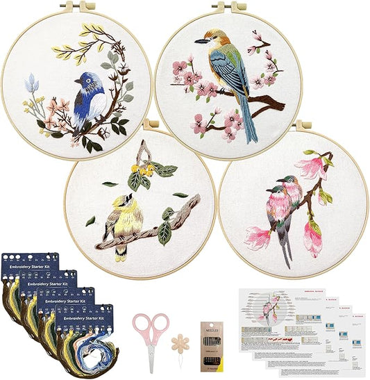 Phylisn 4 Sets Embroidery Kit for Beginners Adults,Needlepoint Starter DIY Kits with Patterns,Hoop,Color Threads,Tools,Easy Learn to Embroider with Instruction & Video