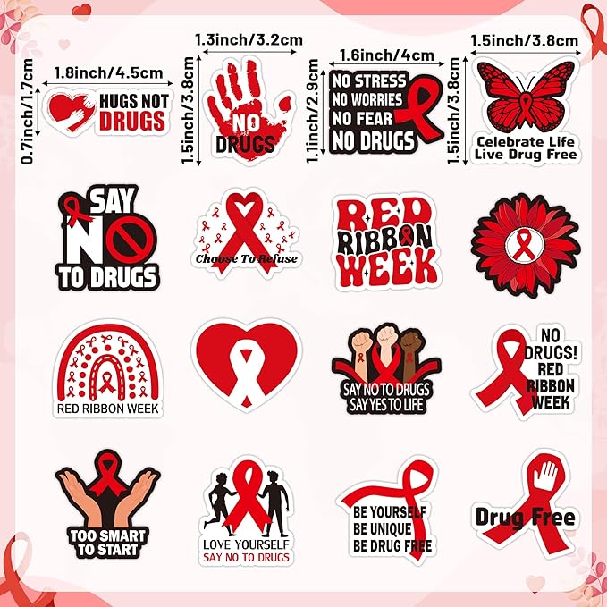 beyumi red ribbon roll stickers - 1000pcs red ribbon week awareness stickers in 2 rolls waterproof vinyl drug free say no to drugs decals school events anti-drugs campaigns laptop bottle luggage decor