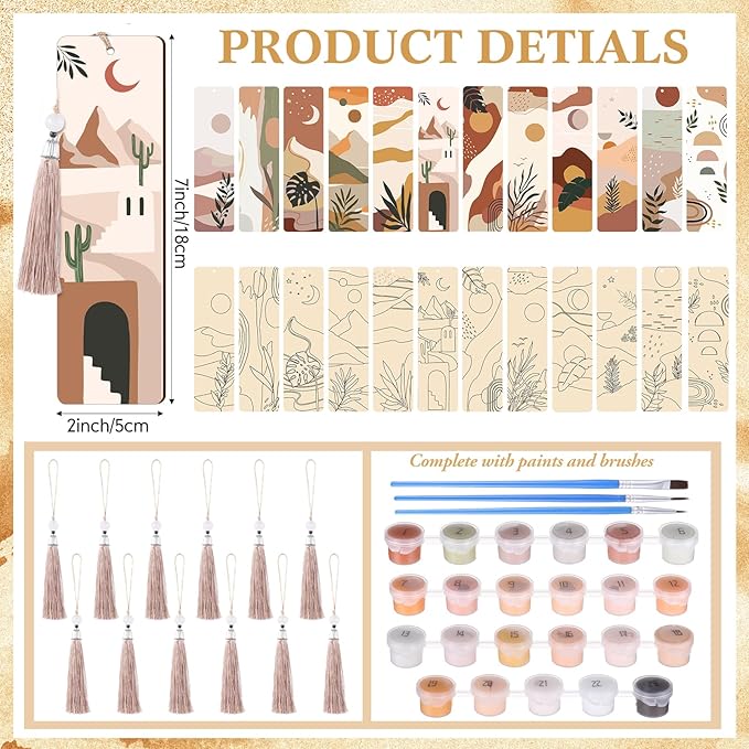 Kosiz 12 Pcs Boho Paint by Numbers Kit for Adults Wood Bookmark Painting Decor Mini Paint by Numbers Kit Tassels Blank Bookmarks Craft for Small DIY Book Lovers Gift 7x2 ''
